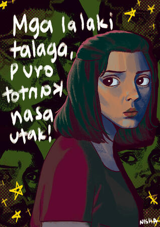 A bust portrait of Insiang, with text written "Mga lalaki talaga, puro kantot nasa utak! (Oh, men, all they think of is sex!)"